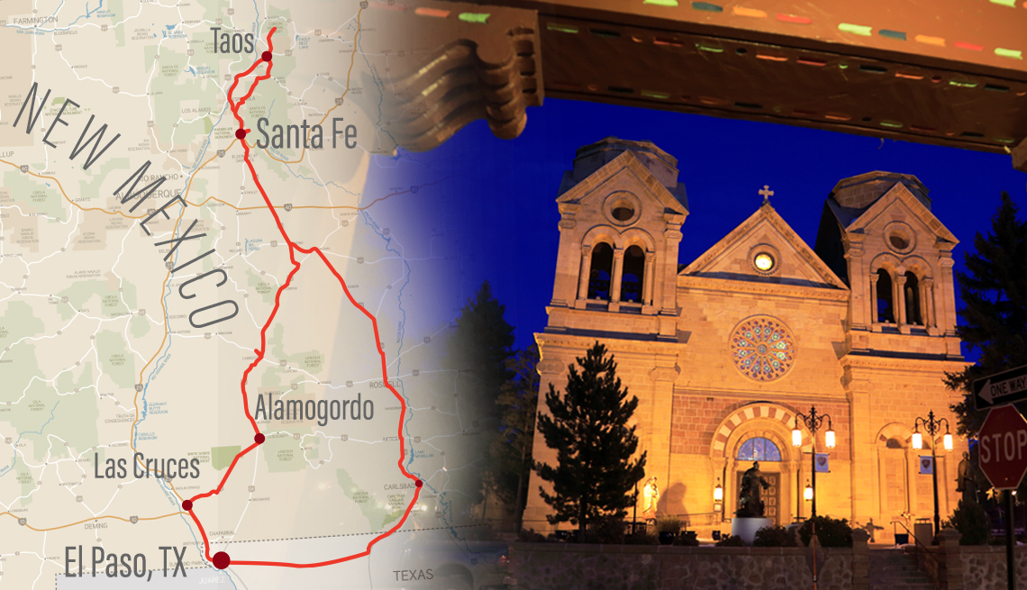 map of new mexico road trip over a photo of downtown santa fe at night